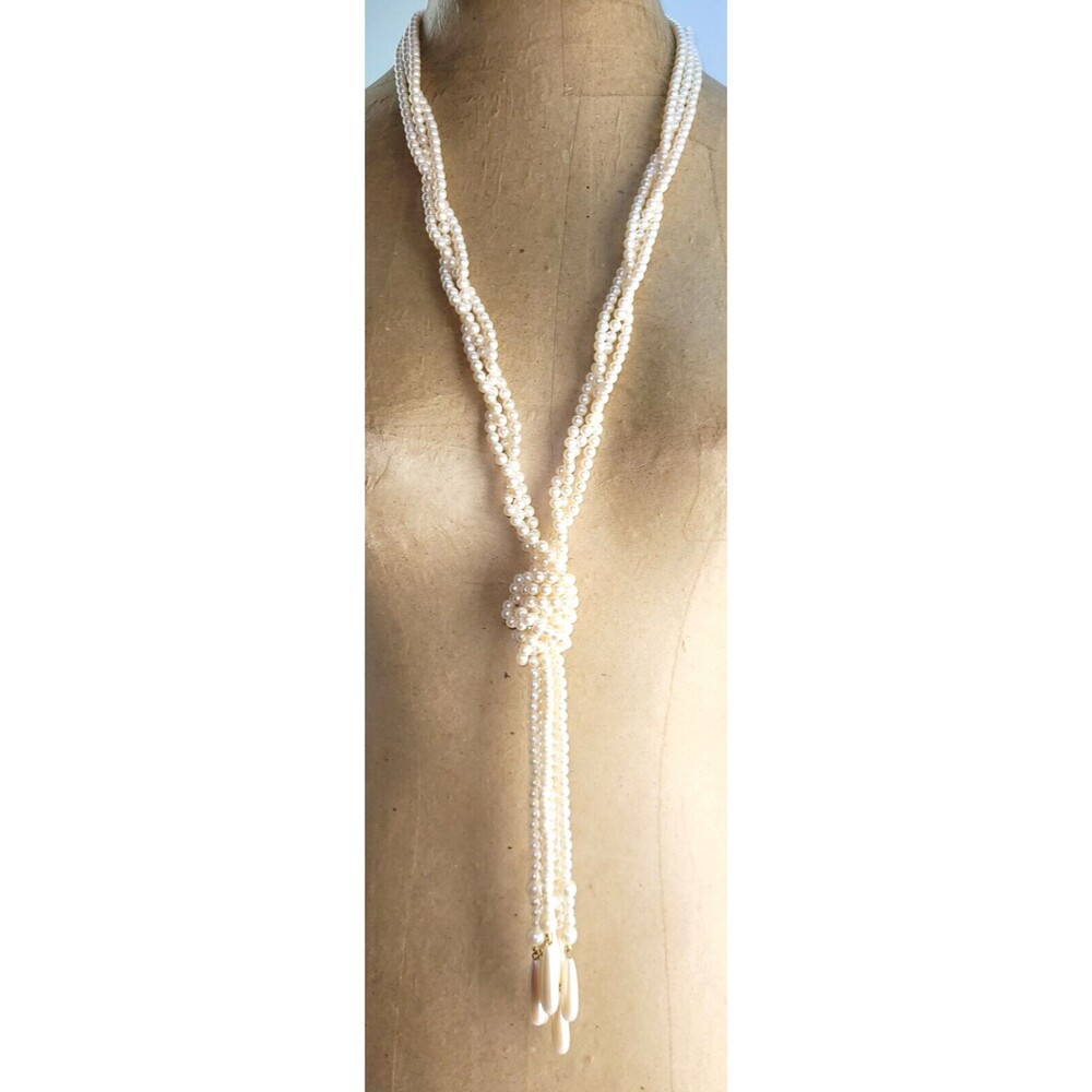 Vintage Liz Claiborne Signed Lucite Pearl Festoon Lariat Fringe 28" Necklace